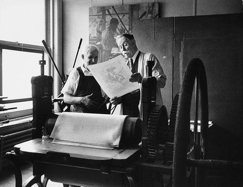 Western painter William R. Leigh and his lithographer, New York, 1948