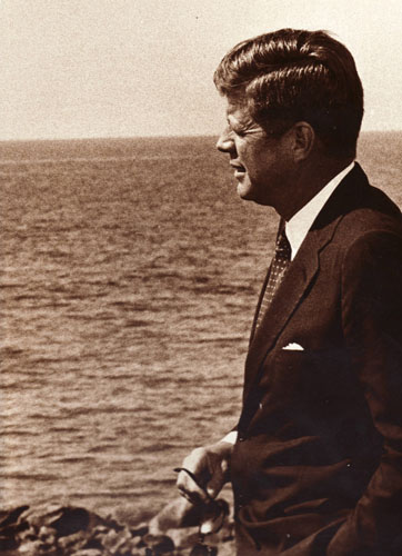 John F. Kennedy at his home in Hyannis Port, MA, during a break from an interview with Walter Cronkite, 1963