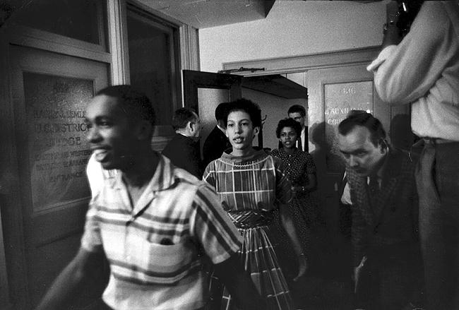 Members of the Little Rock Nine during legal hearings on their attempts to enter Little Rock Central High School, September 1957<br/>