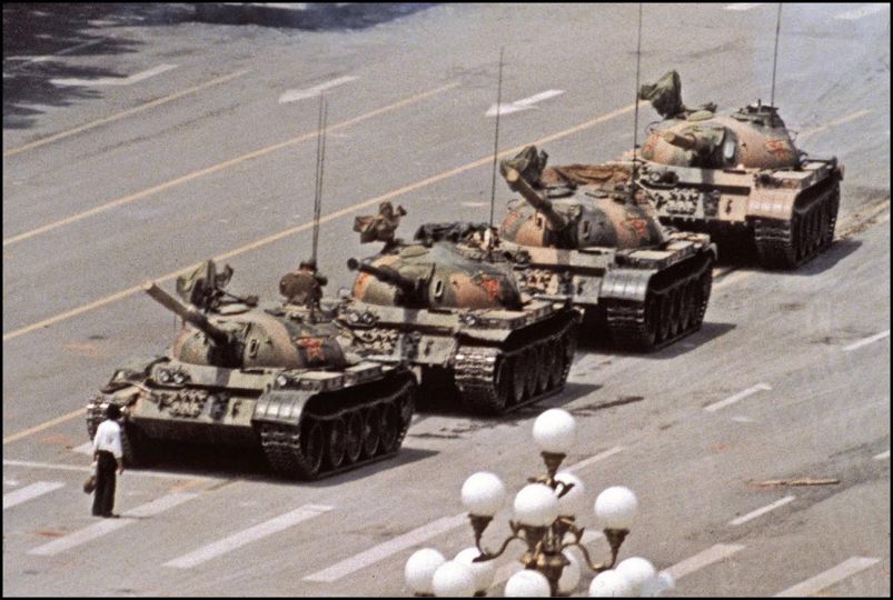 A lone man stops a column of tanks near Tiananmen Square, 1989 Beijing, China