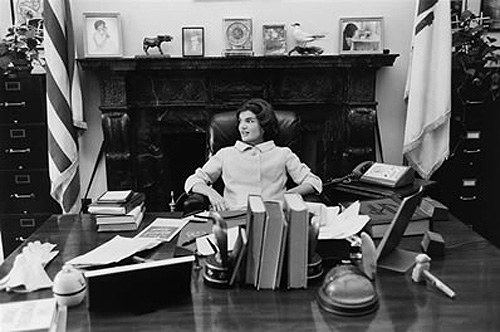 Jackie Kennedy at John. F. Kennedy's Senate desk, 1959