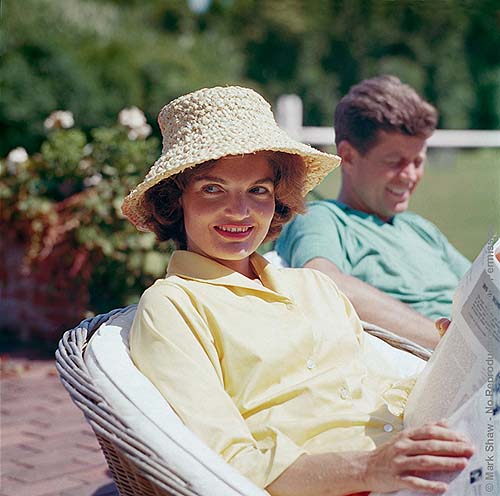 Jackie and John F. Kennedy on the porch of Joseph Kennedy's house, Hyannis Port. 1959