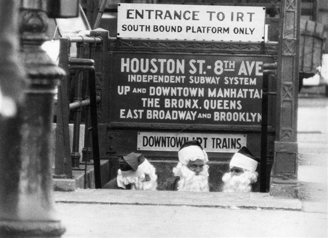Photo: Three Santa Clauses leaving Downtown IRT Subway, New York, 1958 Gelatin Silver print #171