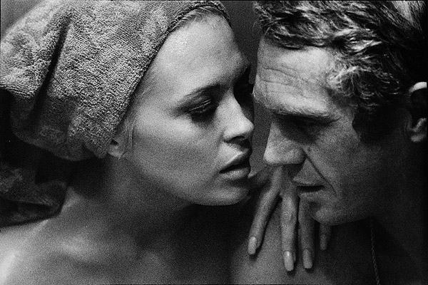 Steve McQueen and Faye Dunaway in sauna on the set of , "Thomas Crown Affair", 1967
