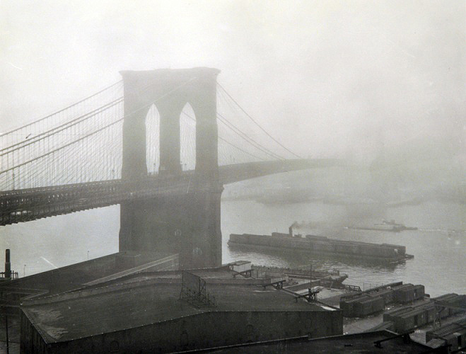 Brooklyn Bridge in the fog, New York, 1948