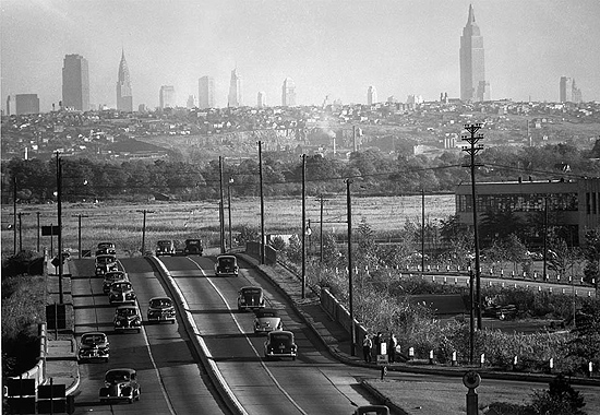 View of New York City skyline from Bendix, NJ, 1940's