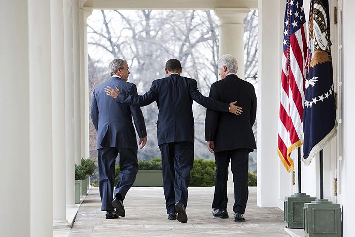 President Barack Obama with former Presidents Bill Clinton and George W. Bush, in the Rose Garden at the White House, 2010<br/>