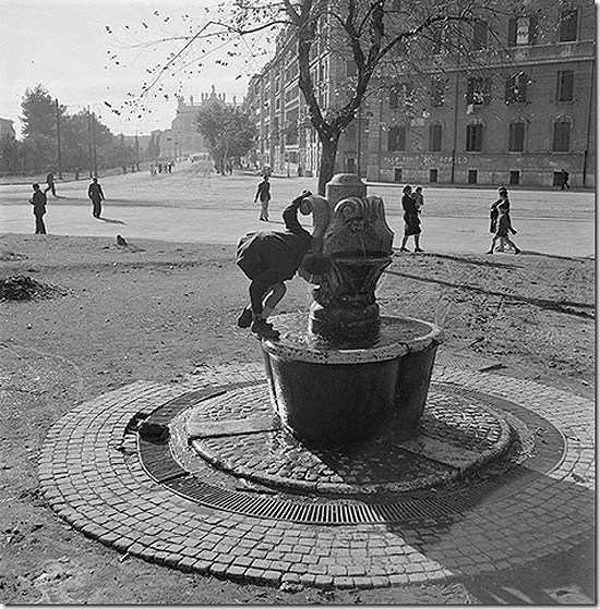 Water fountain in the piazza Santa Croce in Gerusalemme, Italy, 1947