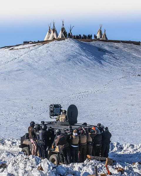 Protesters face off with police and the National Guard on February 1, 2017, near Cannon Ball, North Dakota.<br/>
