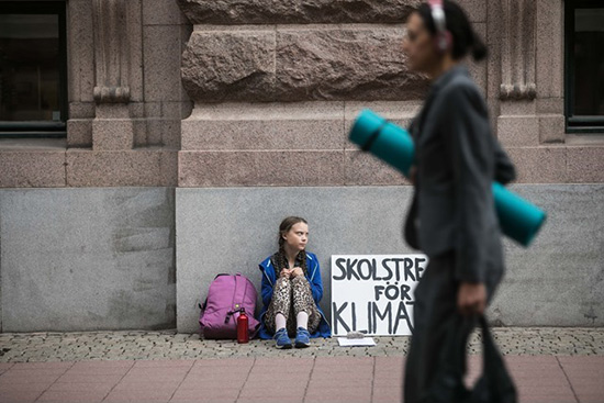 Greta Thunberg's first school strike for Climate, outside the Swedish Parliament, August 20, 2018