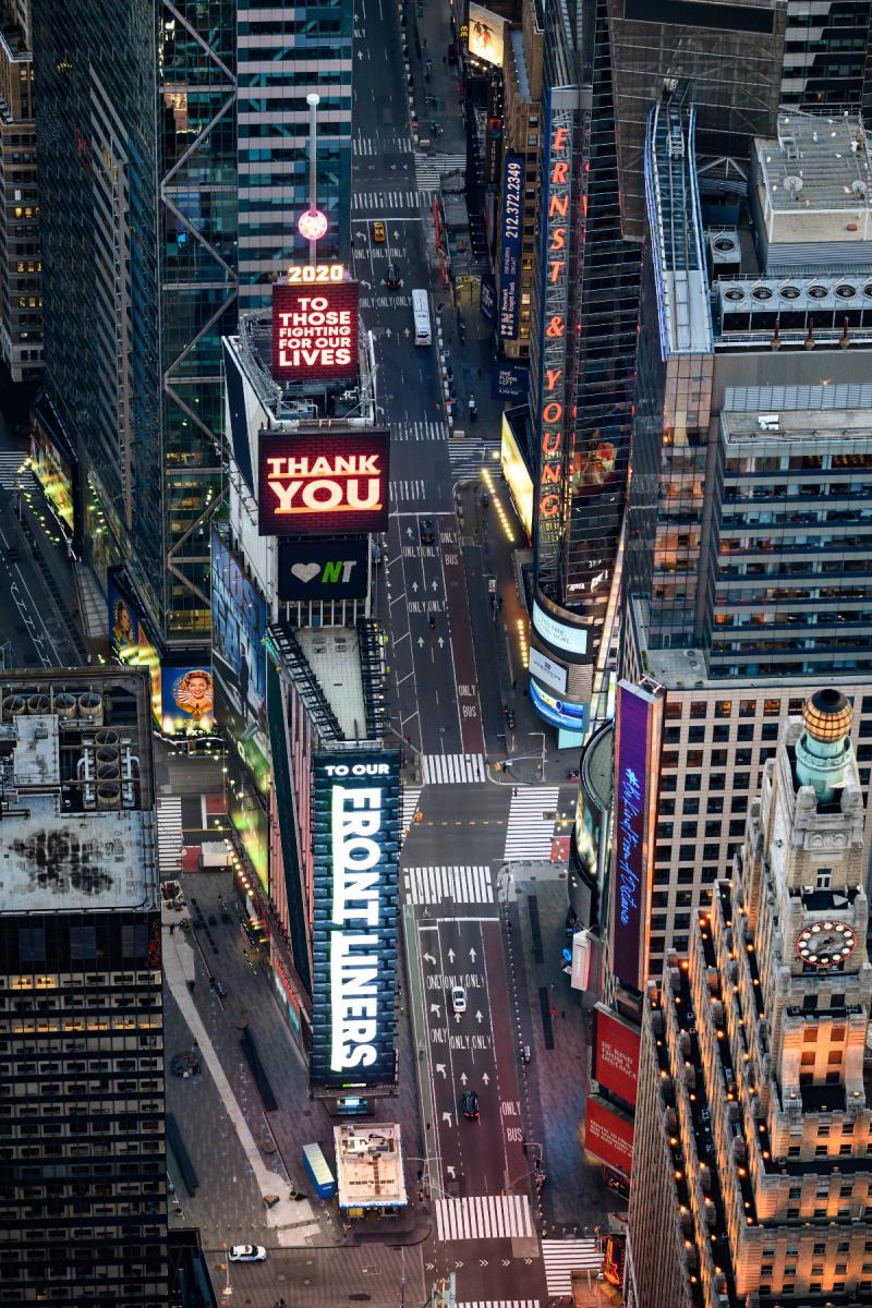 Times Square with a thank-you message for health care workers. New York, April, 2020<br/><br/>Please contact Gallery for price