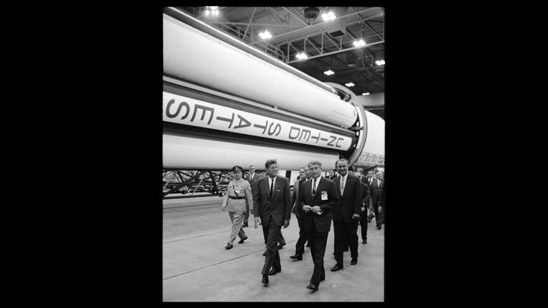 On September 11, 1962, President John F. Kennedy & Vice President Lyndon B. Johnson paid a visit to the Marshall Space Flight Center in Huntsville, Ala., meeting with center director Wernher von Braun, touring Marshall facilities, and personally viewing a<br/>Please contact Gallery for price