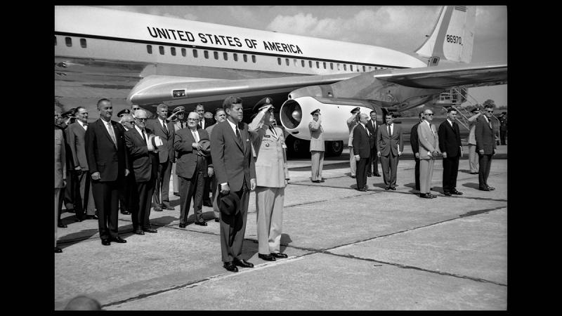 On Sept 11, 1962 President John F. Kennedy along with Vice President John F. Kennedy stand in front of Air Force One after their arrival at the Marshall Flight Center.<br/>Please contact Gallery for price
