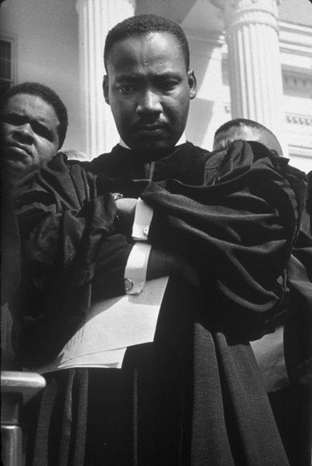 Martin Luther King on the steps of the Alabama Capitol, Montgomery, 1960 Gelatin Silver print