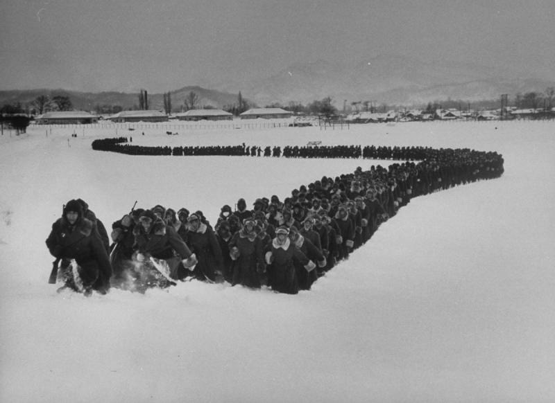 he newly created 'Japanese Police Force' moves out of camp for winter training, Hokkaido, Japan, 1951<br/>Please contact Gallery for price