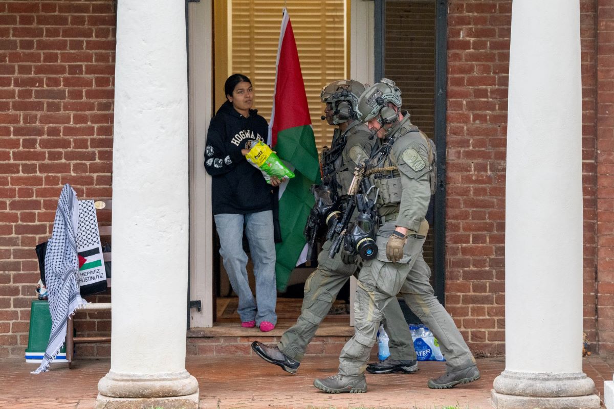 May 4, 2024: Police from the University of Virginia along with Virginia State Police cleared an encampment in support of Palestine before forcing the protesters off Grounds into the street.