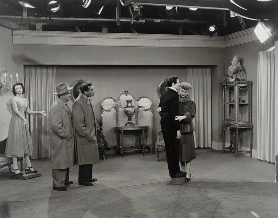 William Frawley, Desi Arnaz, and Lucille Ball, on the set of "I Love Lucy", 1953