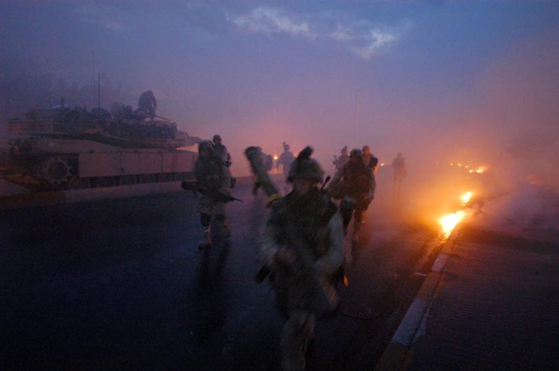 Photo: Marines run for cover after white phosphorus was accidentally fired at them by another company in Falluja, Iraq on November 9, 2004 Archival Pigment Print #3022