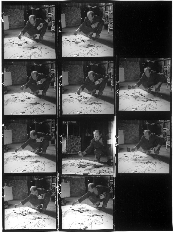 Contact sheet of artist Jackson Pollock dribbling sand on painting while working in his studio on Long Island in 1949