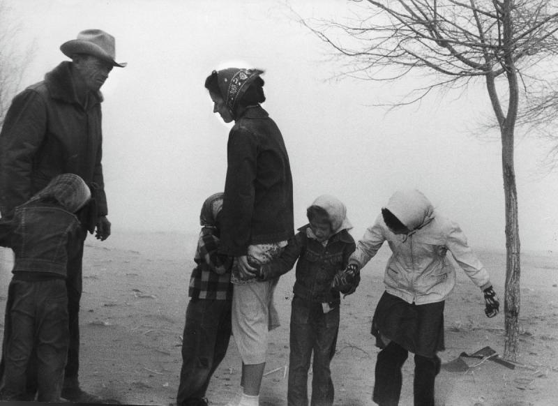 Farmer Art Blooding with family battling "dust bowl" winds white inspecting his newly bought farm, Colorado, April, 1954<br/>Please contact Gallery for price