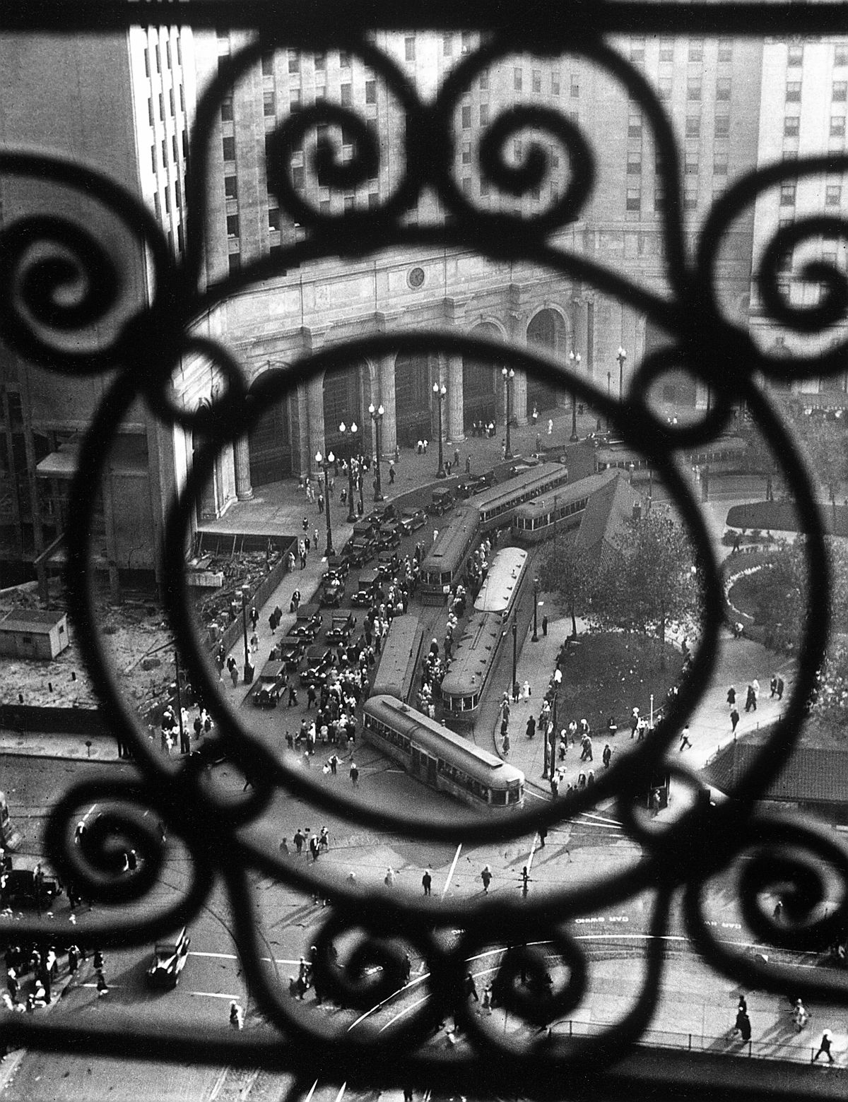 Public Square (The Terminal Tower) at 5:00, as Seen Through a Williamson Building Grill, Cleveland, Ohio, 1928