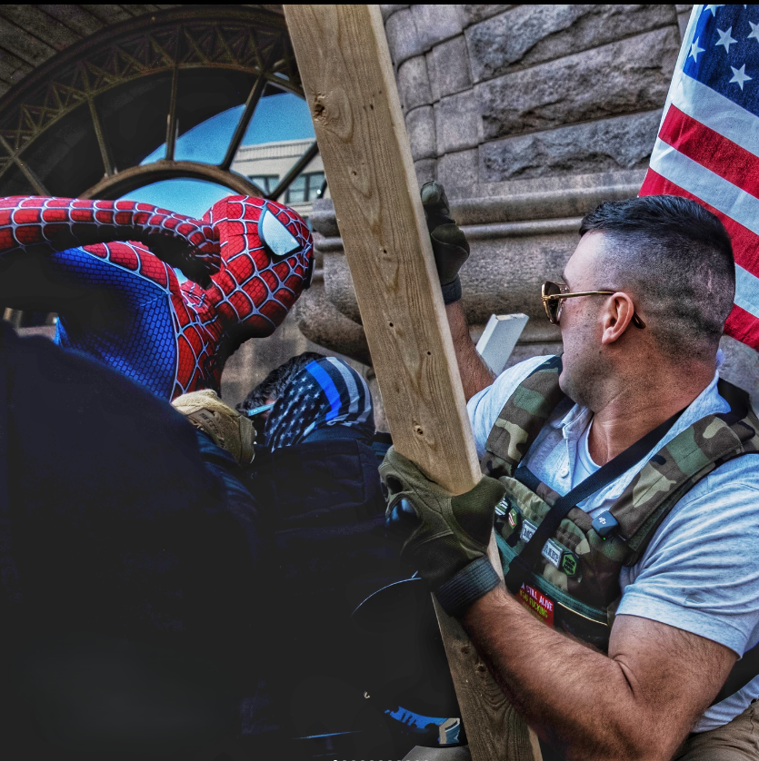 J6 activist Jake Lang at a “rally” where he was met by opposing protesters, Minneapolis City Hall, August, 2026