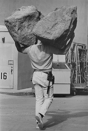 Propman and rubber rocks, Universal City, Hollywood, 1963 Gelatin Silver print