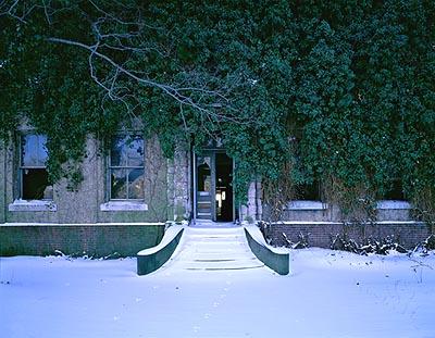 Administration building, snow-covered entrance, Island 3<br/>0<br/>