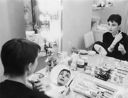 Audrey Hepburn photographed for Mademoiselle in 1954 in her dressing room backstage at Ondine
