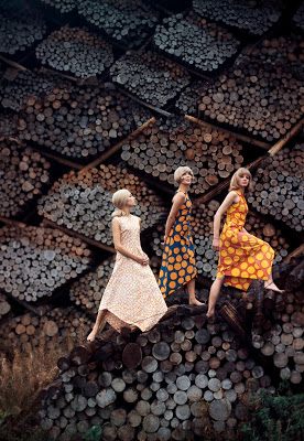 color photograph of Merimekko models on logs