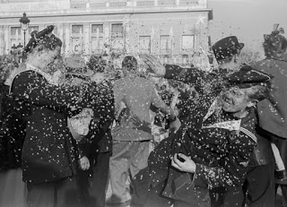 black and white photograph of american soldiers celebrating in Nice, France, 1947